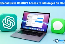 MacBook displaying iMessage application linked between 3D ChatGPT and Messages icons with NogenTech branding.