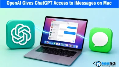 MacBook displaying iMessage application linked between 3D ChatGPT and Messages icons with NogenTech branding.