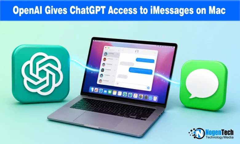 MacBook displaying iMessage application linked between 3D ChatGPT and Messages icons with NogenTech branding.