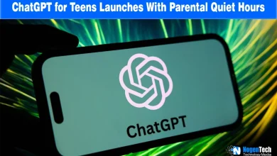 Hand holding a smartphone displaying the ChatGPT logo against a green fiber-optic light background with NogenTech branding.
