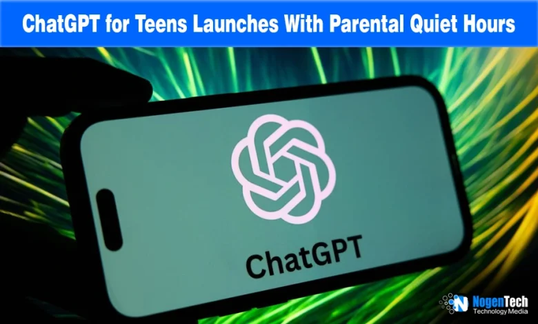 Hand holding a smartphone displaying the ChatGPT logo against a green fiber-optic light background with NogenTech branding.