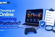 Laptop displaying an online gaming interface next to a security checklist clipboard and controller.