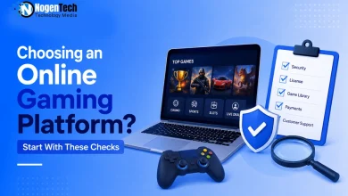 Laptop displaying an online gaming interface next to a security checklist clipboard and controller.