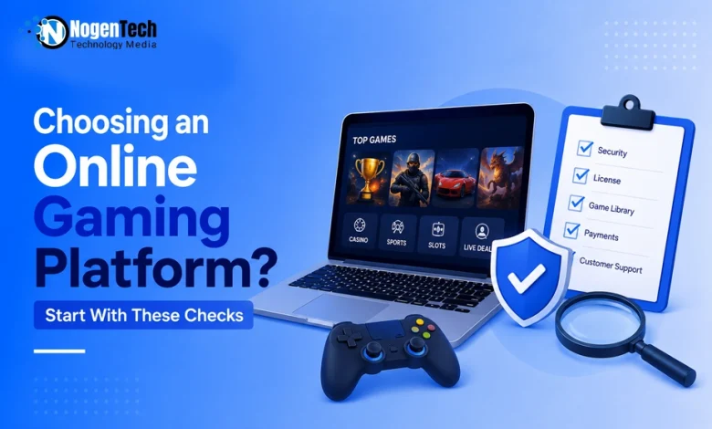 Laptop displaying an online gaming interface next to a security checklist clipboard and controller.