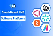 Hexagonal tiles featuring LMS software logos on a blue background.