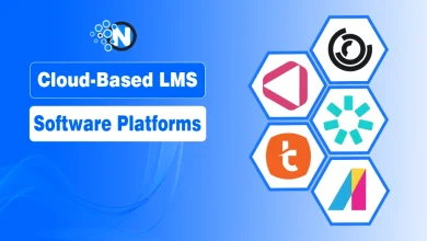 Hexagonal tiles featuring LMS software logos on a blue background.