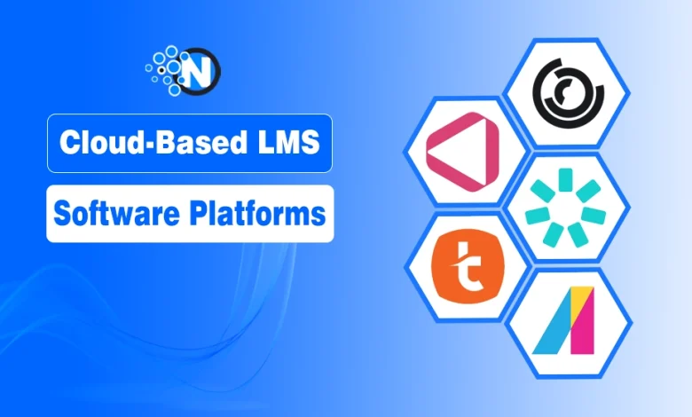 Hexagonal tiles featuring LMS software logos on a blue background.