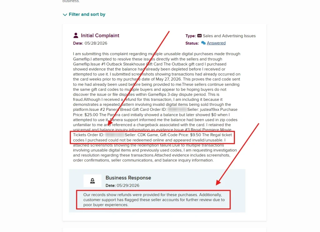 Complaints on BBB related to GameFlip