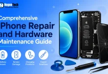 Disassembled iPhone alongside repair tools, replacement battery, and cracked screen on a blue backdrop with NogenTech branding.