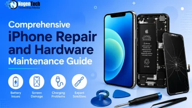 Disassembled iPhone alongside repair tools, replacement battery, and cracked screen on a blue backdrop with NogenTech branding.