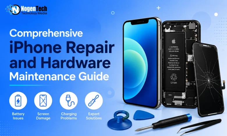 Disassembled iPhone alongside repair tools, replacement battery, and cracked screen on a blue backdrop with NogenTech branding.