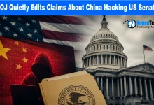 Hooded hacker in front of the Chinese flag next to the US Capitol building and a Department of Justice file folder with NogenTech branding.