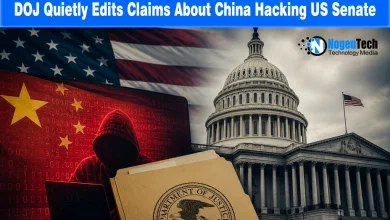 Hooded hacker in front of the Chinese flag next to the US Capitol building and a Department of Justice file folder with NogenTech branding.