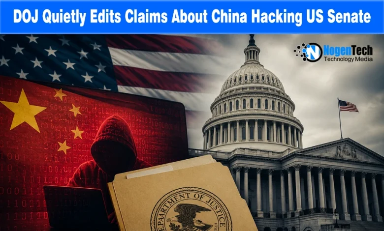 Hooded hacker in front of the Chinese flag next to the US Capitol building and a Department of Justice file folder with NogenTech branding.