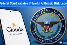 Smartphone showing Claude by Anthropic logo next to the US Department of War seal with NogenTech branding.