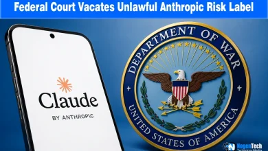 Smartphone showing Claude by Anthropic logo next to the US Department of War seal with NogenTech branding.