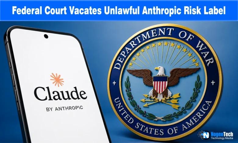 Smartphone showing Claude by Anthropic logo next to the US Department of War seal with NogenTech branding.