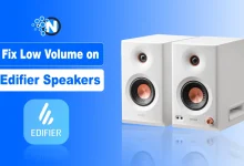 Pair of white Edifier desktop speakers alongside the blue Edifier app icon.