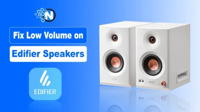 Pair of white Edifier desktop speakers alongside the blue Edifier app icon.