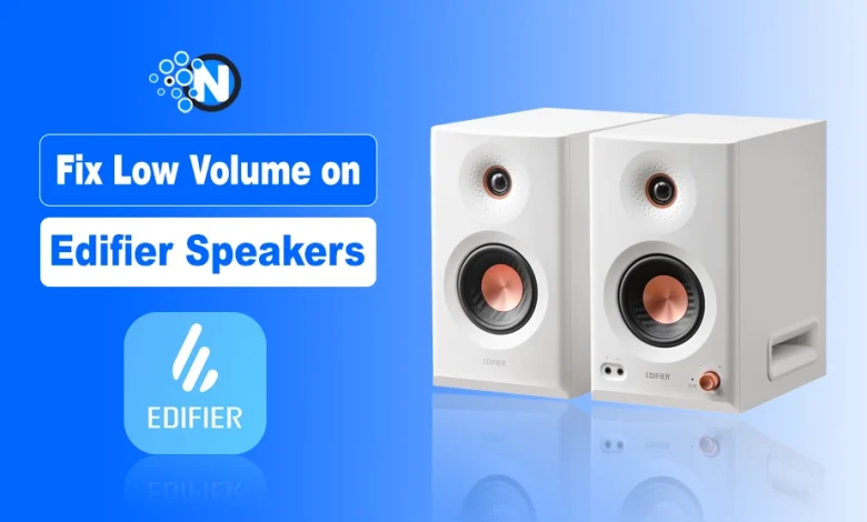 Pair of white Edifier desktop speakers alongside the blue Edifier app icon.