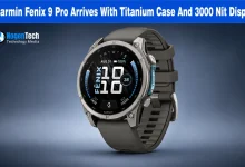 Garmin Fenix 9 Pro smartwatch with a titanium case and black silicone strap on a dark background with NogenTech branding.