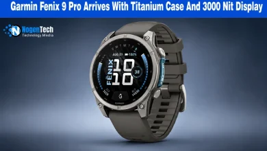 Garmin Fenix 9 Pro smartwatch with a titanium case and black silicone strap on a dark background with NogenTech branding.