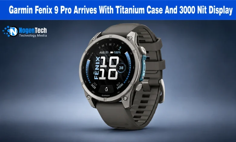 Garmin Fenix 9 Pro smartwatch with a titanium case and black silicone strap on a dark background with NogenTech branding.