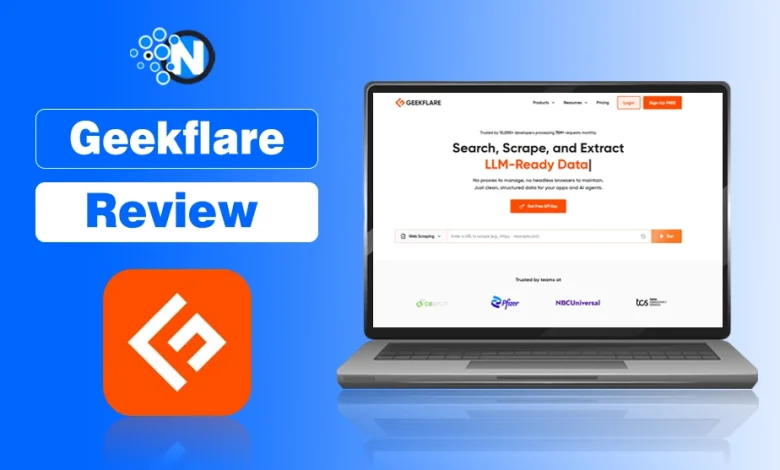 Laptop showing the Geekflare homepage beside the orange Geekflare logo icon.