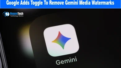 Close-up of Google Gemini app icon on a smartphone screen with NogenTech branding.