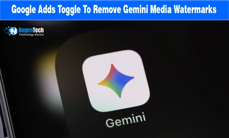 Close-up of Google Gemini app icon on a smartphone screen with NogenTech branding.