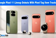 Google Pixel 11 smartphones displayed in multiple colors alongside Pixel Buds, Pixel Watch, and Pixel Tag.