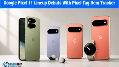 Google Pixel 11 smartphones displayed in multiple colors alongside Pixel Buds, Pixel Watch, and Pixel Tag.