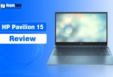 Open HP Pavilion 15 laptop on a blue background with NogenTech branding.