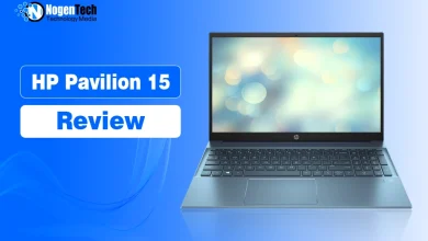 Open HP Pavilion 15 laptop on a blue background with NogenTech branding.