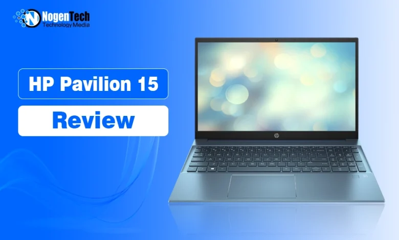 Open HP Pavilion 15 laptop on a blue background with NogenTech branding.