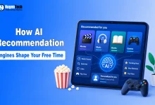 Tablet displaying AI entertainment recommendations alongside a popcorn bucket and game controller with NogenTech branding.
