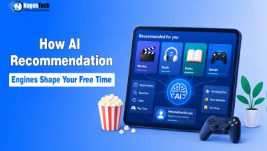 Tablet displaying AI entertainment recommendations alongside a popcorn bucket and game controller with NogenTech branding.