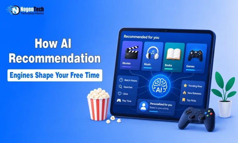 Tablet displaying AI entertainment recommendations alongside a popcorn bucket and game controller with NogenTech branding.