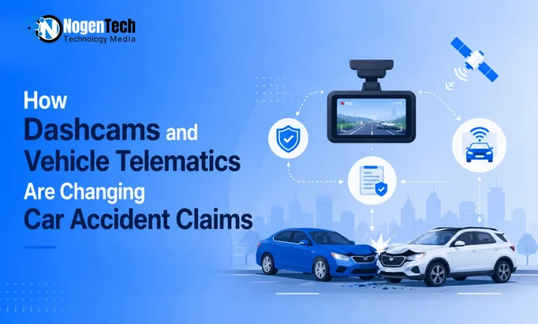 Dashcam and connected vehicle illustration showing digital tools used in car accident claims