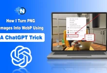 Laptop screen demonstrating how to save images as WebP alongside the ChatGPT logo and NogenTech branding.