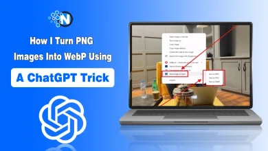 Laptop screen demonstrating how to save images as WebP alongside the ChatGPT logo and NogenTech branding.