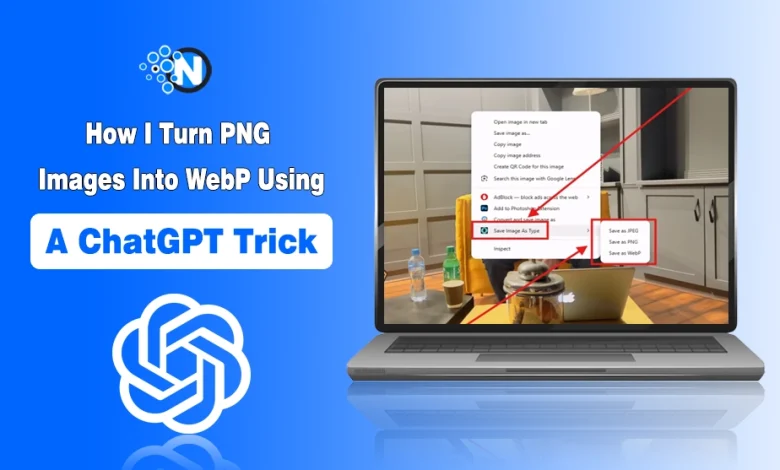 Laptop screen demonstrating how to save images as WebP alongside the ChatGPT logo and NogenTech branding.