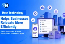 Illustration of digital tools, cloud technology, automation, and project management software streamlining a business office relocation.