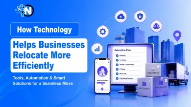 Illustration of digital tools, cloud technology, automation, and project management software streamlining a business office relocation.