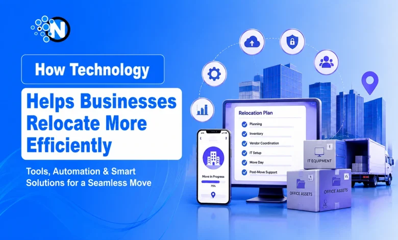 Illustration of digital tools, cloud technology, automation, and project management software streamlining a business office relocation.