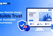 How website design builds trust for Australian businesses, featuring a professional website, security shield, and Australian flag.