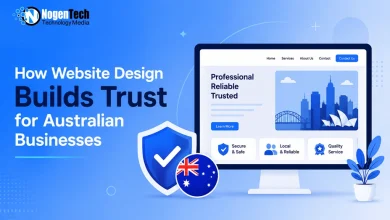 How website design builds trust for Australian businesses, featuring a professional website, security shield, and Australian flag.