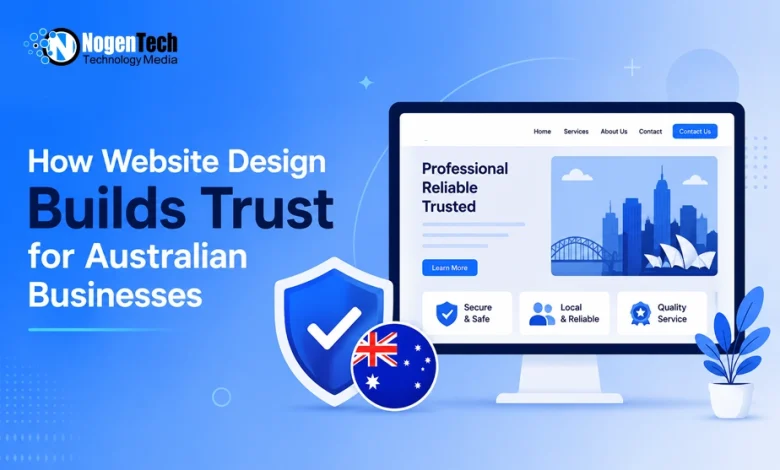 How website design builds trust for Australian businesses, featuring a professional website, security shield, and Australian flag.