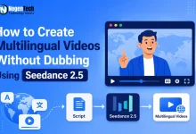 Flowchart showing script to Seedance 2.5 conversion next to a video player presenting an AI presenter.