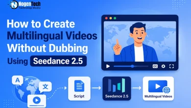 Flowchart showing script to Seedance 2.5 conversion next to a video player presenting an AI presenter.